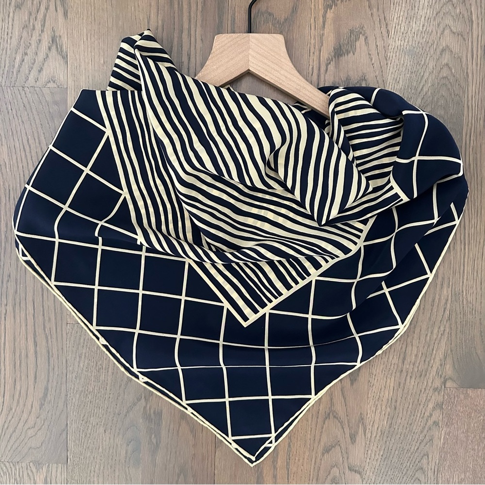 Vintage Bill Blass Striped and Checked 100% Silk Scarf Navy Taupe Cream 31"sq